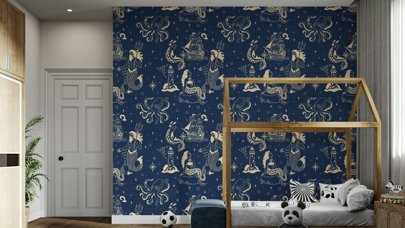 Ink-drawn ships and creatures on wallpaper
