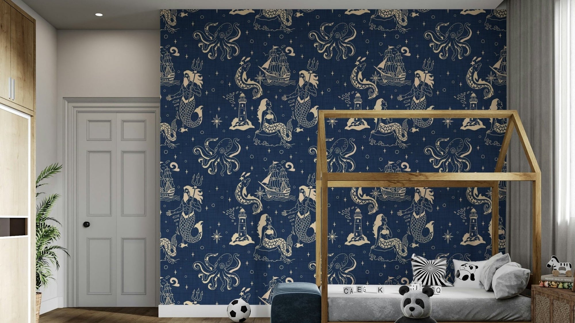 Ink-drawn ships and creatures on wallpaper, GD2415