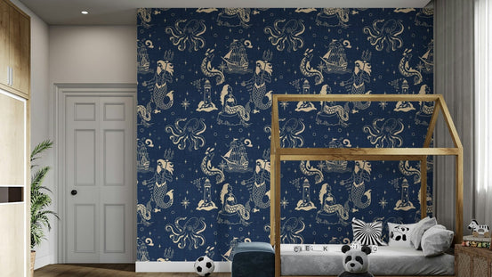 Ink-drawn ships and creatures on wallpaper, GD2415