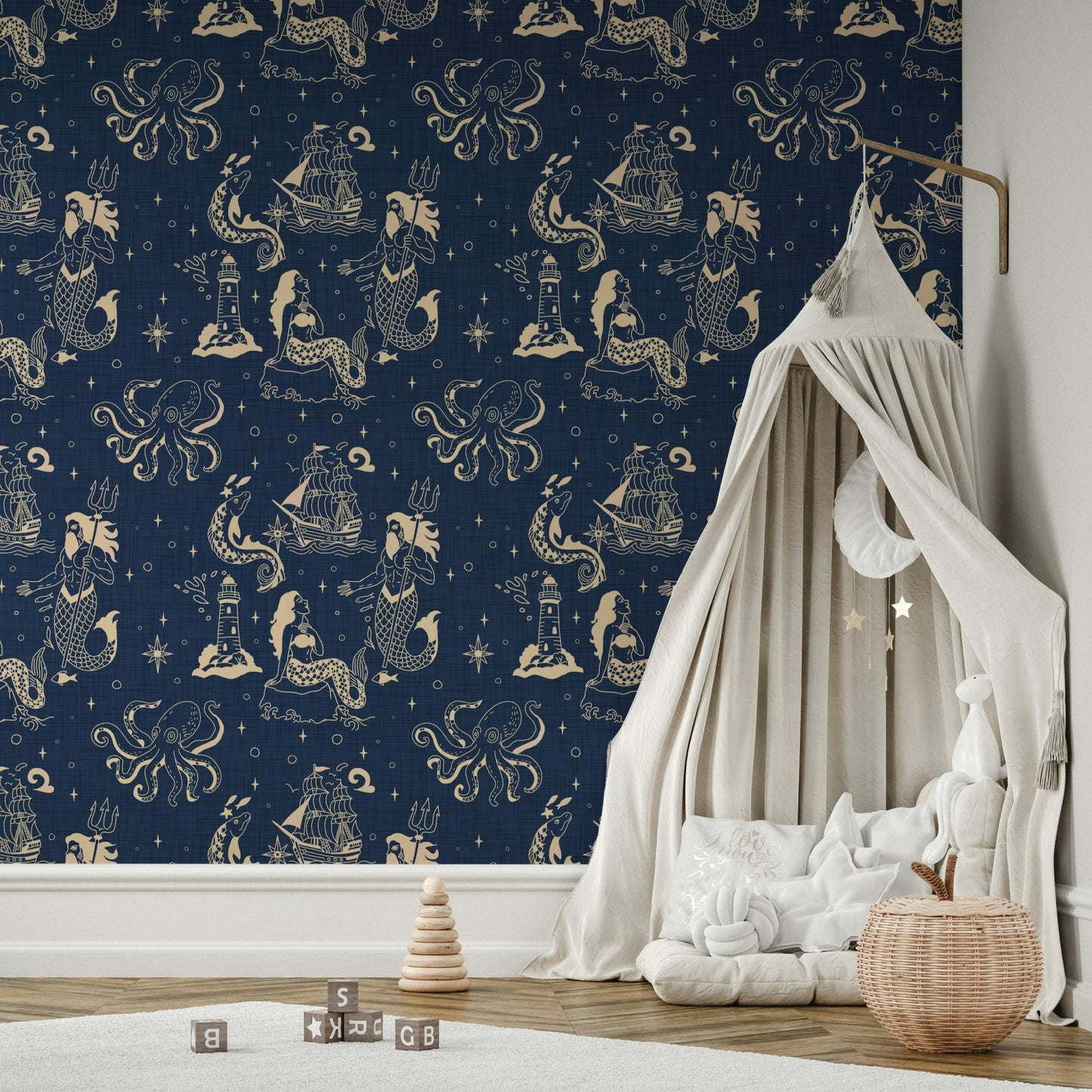 Retro inked nautical wallpaper for living room
