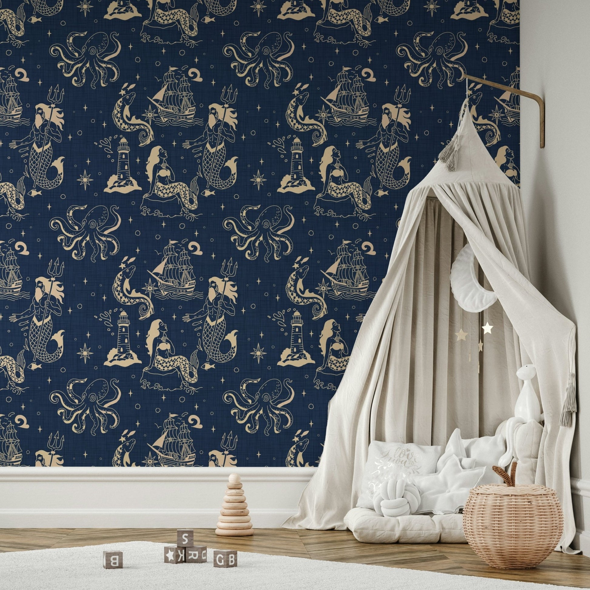 Retro inked nautical wallpaper for living room

