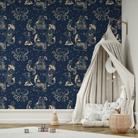 Retro inked nautical wallpaper for living room
