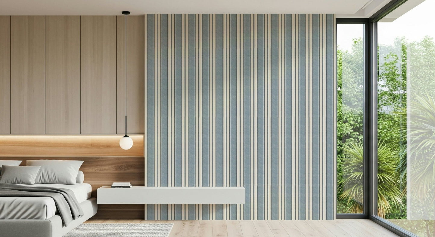 A beautiful nautical stripe wallpaper mural with subtle, calming lines.
