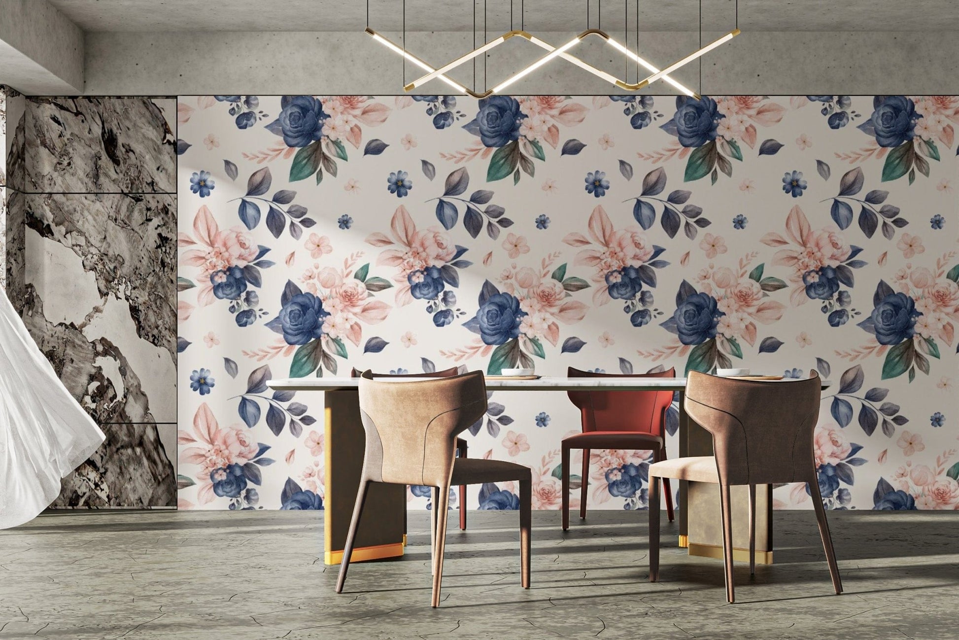 Peach and navy floral wallpaper for walls
