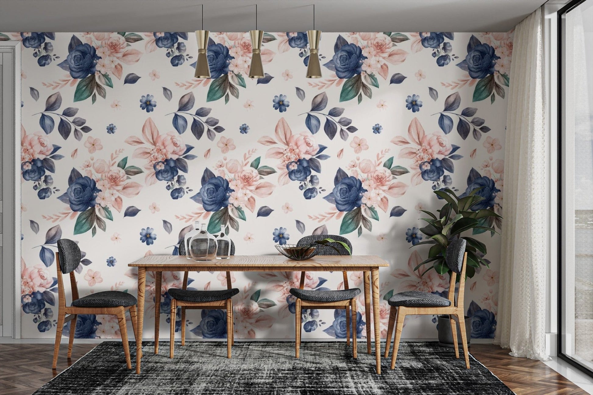 Navy and peach color floral wall design
