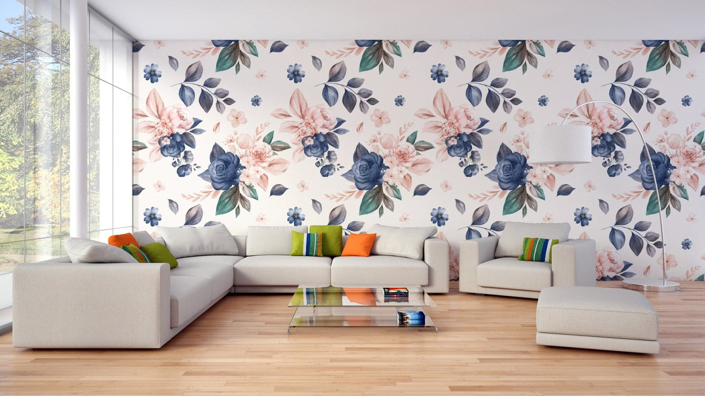 Elegant navy & peach floral wallpaper design
