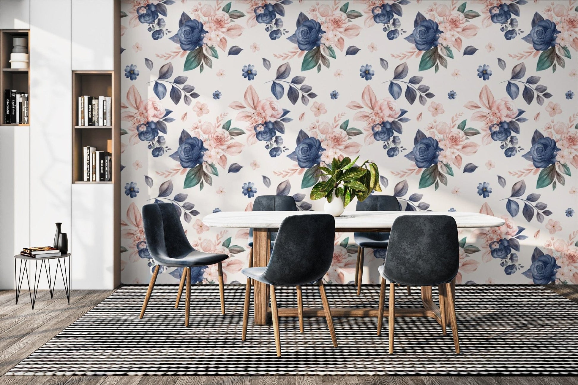 Floral wallpaper with navy and peach tones

