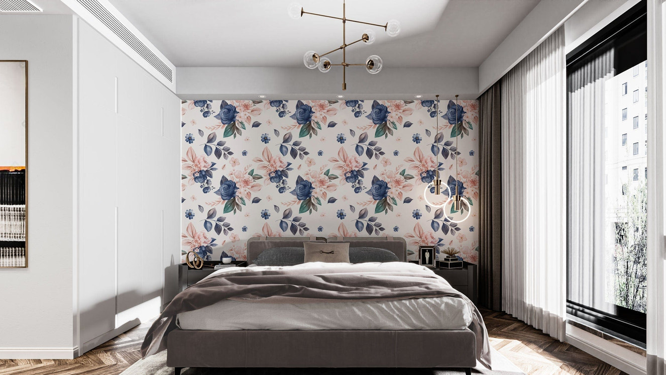 Navy peach floral wallpaper for stylish decor
