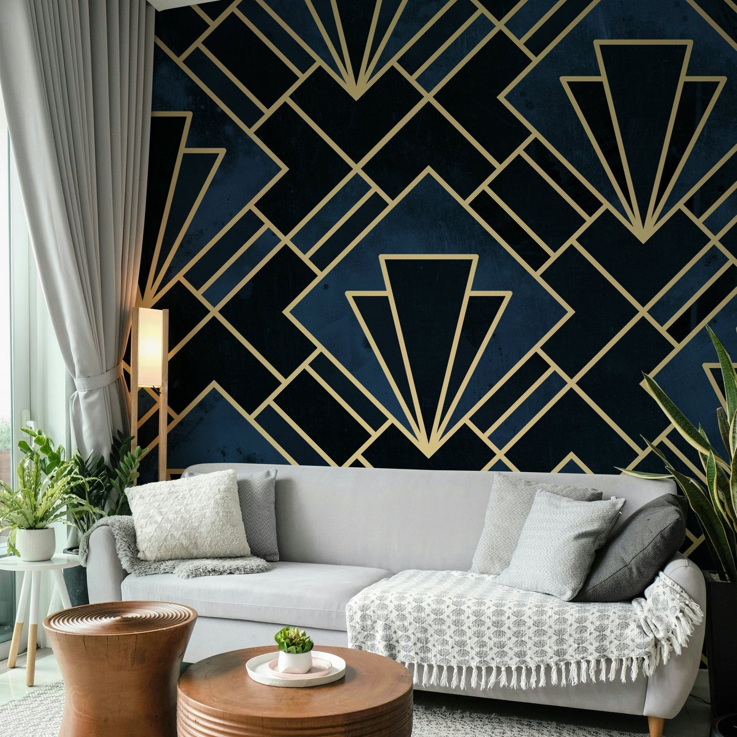 Deep blue mural with deco shapes
