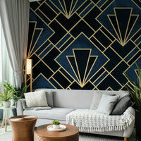 Deep blue mural with deco shapes
