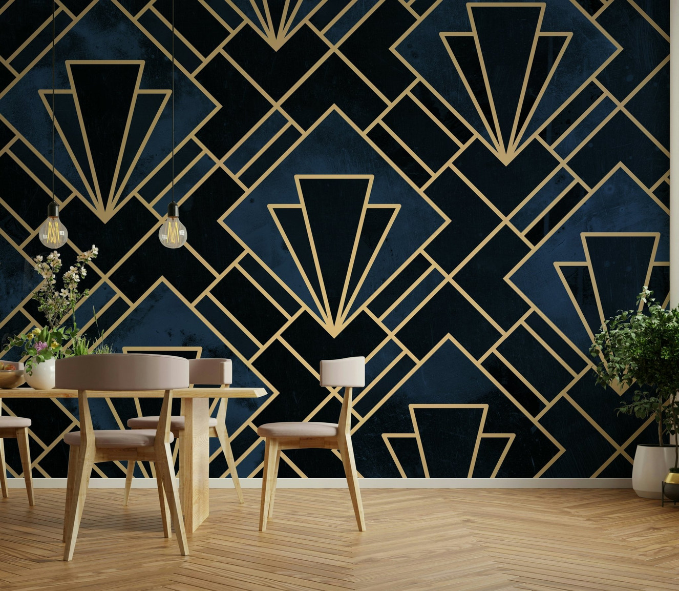 Navy blue Art Deco mural wallpaper
