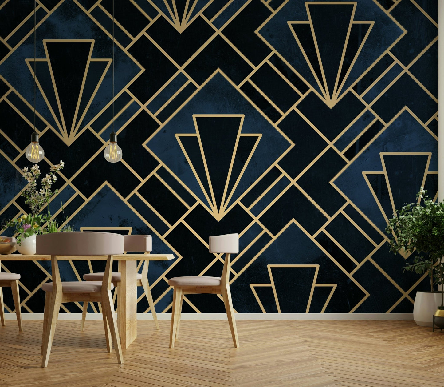 Navy blue Art Deco mural wallpaper
