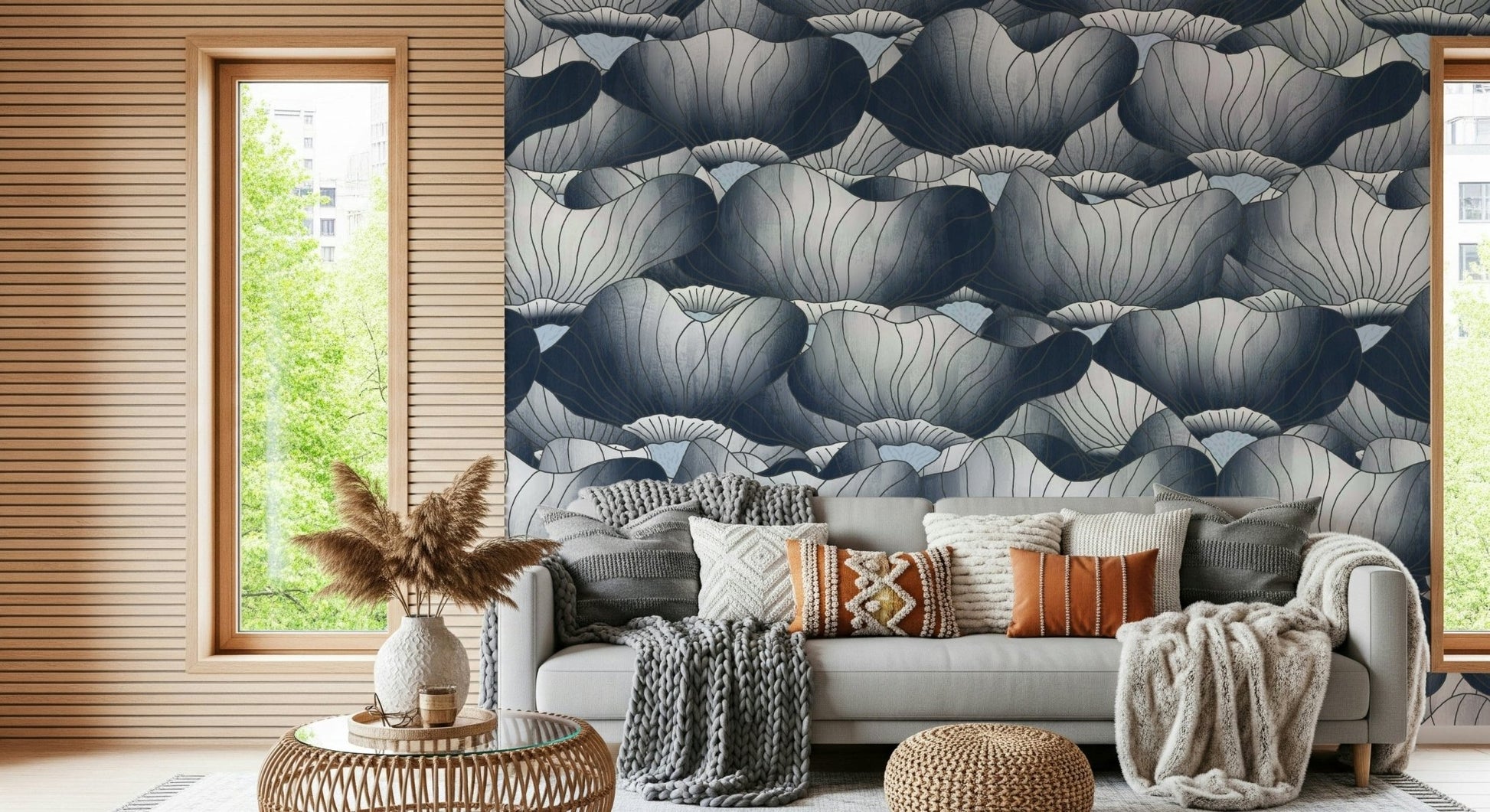 Luxury dining area with the calming Bloom Waves Mural design.