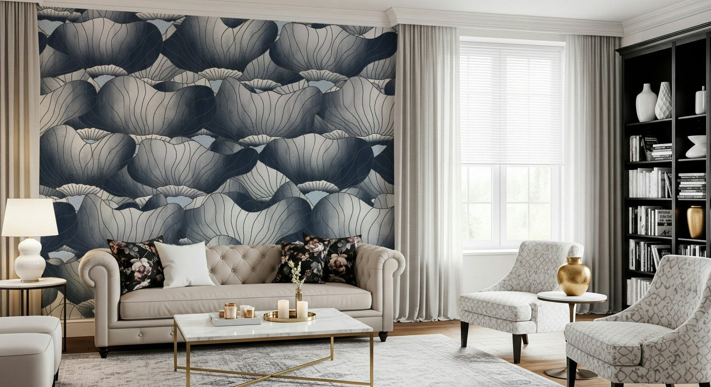 Navy Blue Botanical Bloom Waves wallpaper for walls behind a gray sofa.