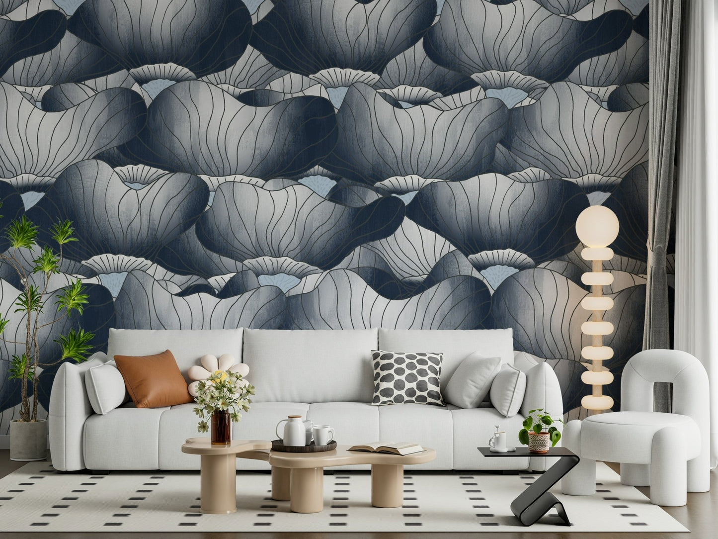 Navy Blue Botanical Bloom Waves Wall Mural enhances a modern bathroom.