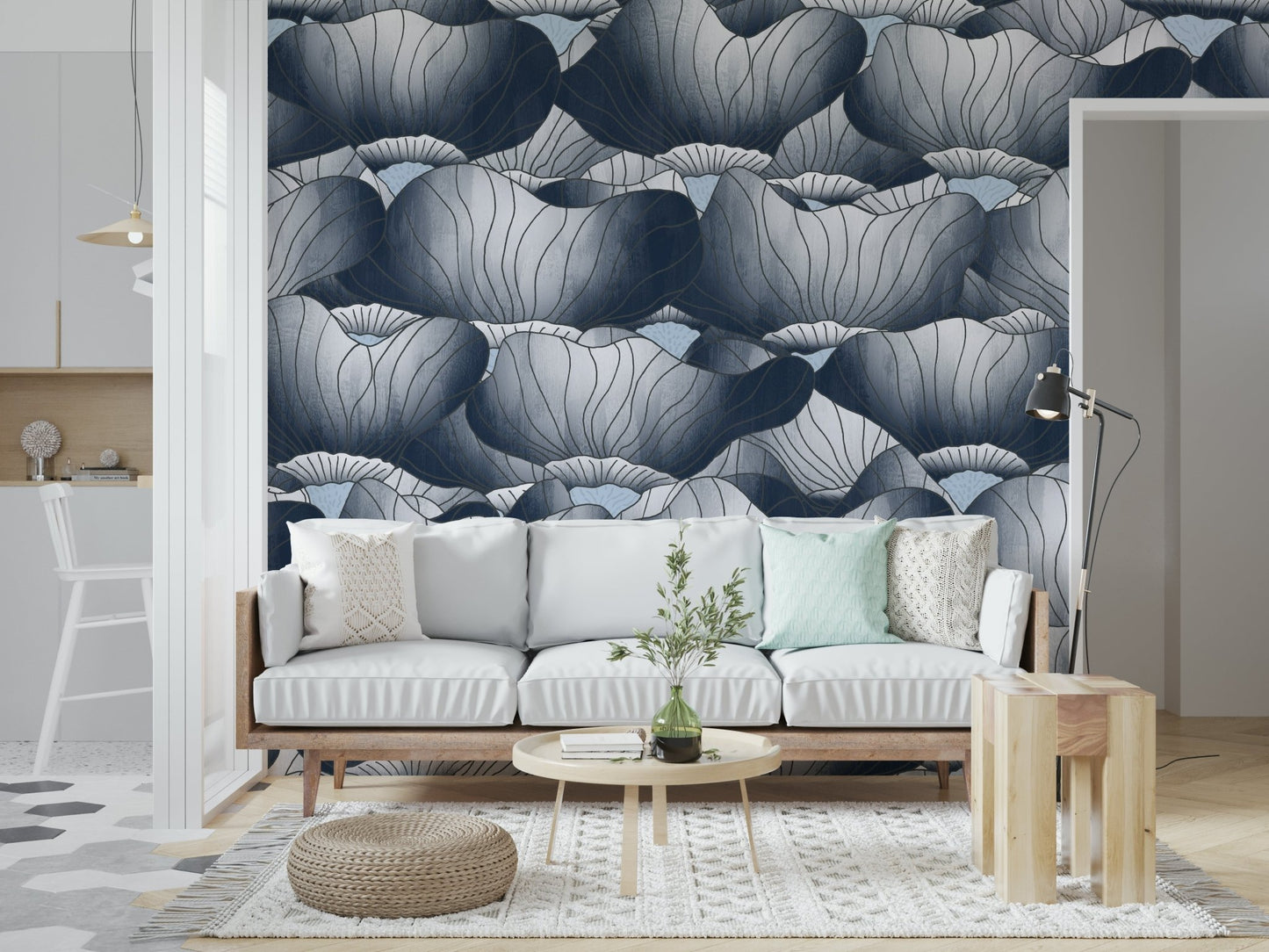 Navy Blue Botanical Bloom Waves peel and stick wallpaper applied quickly.