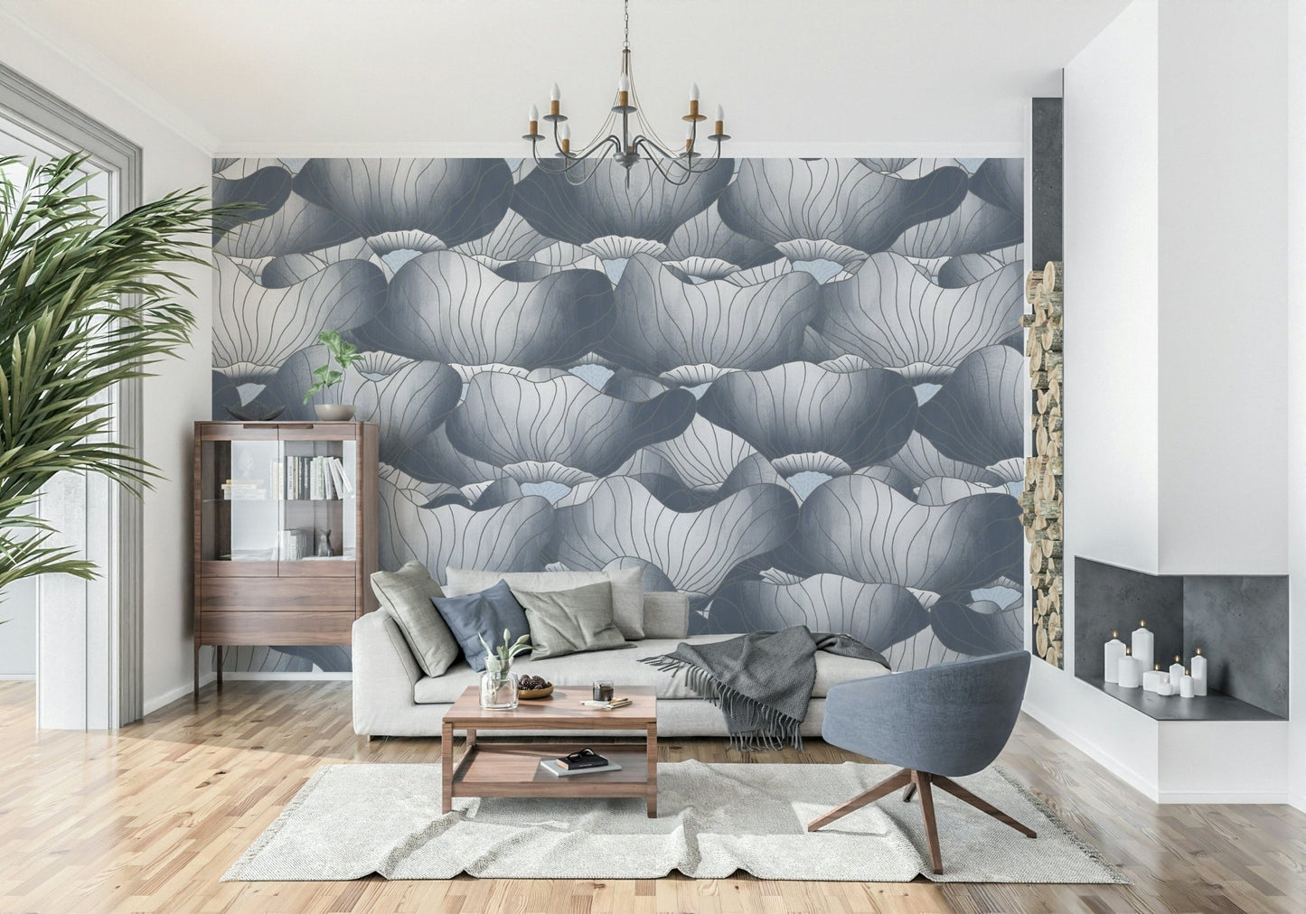 Feature wall showing the layered deep blue Bloom Waves pattern.