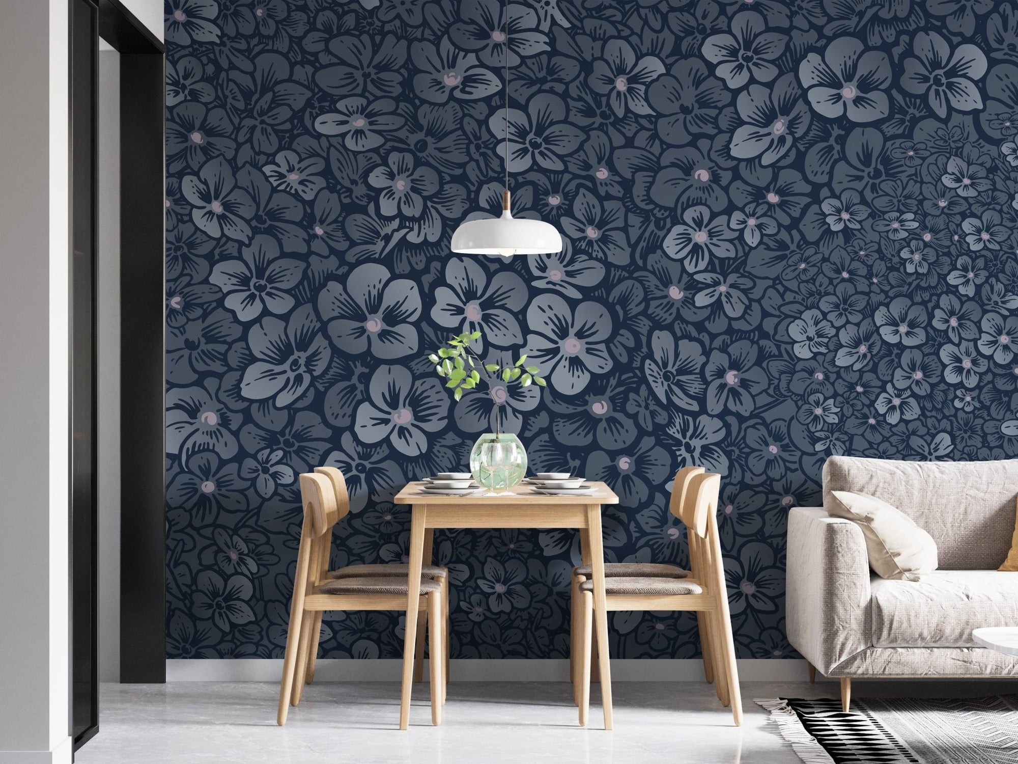 Elegant navy blue floral wallpaper mural A847