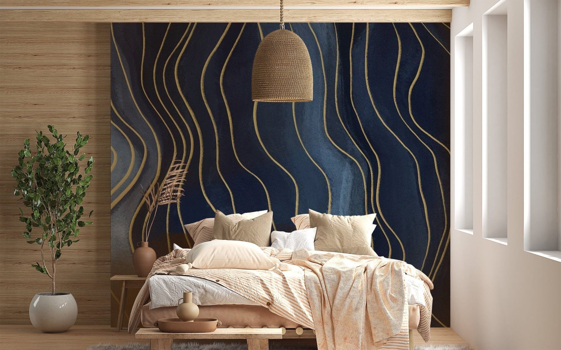 Navy and Gold Abstract Chalk Line Mural
