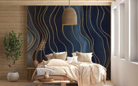 Navy and Gold Abstract Chalk Line Mural
