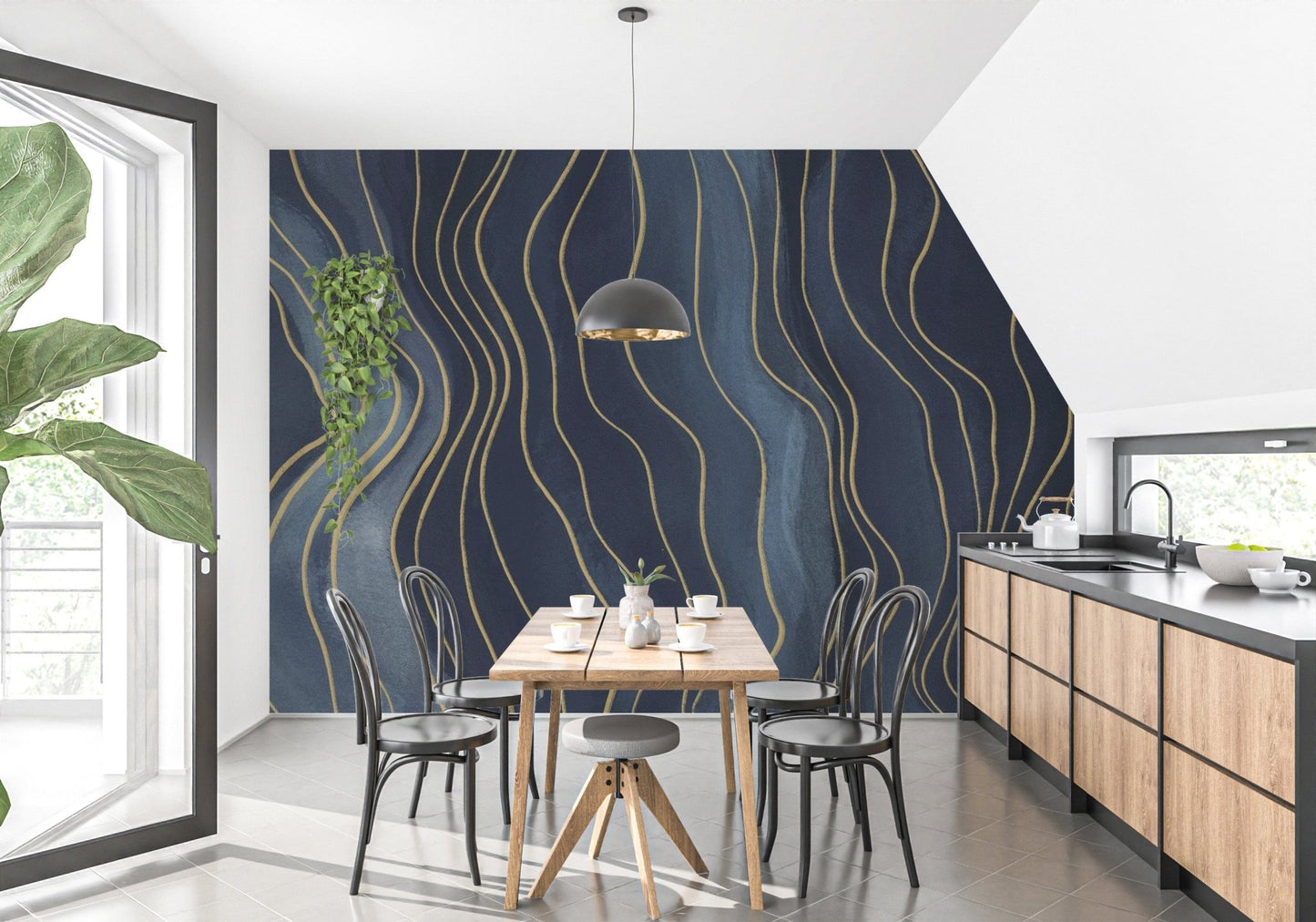 Navy Blue & Gold Chalk Lines Wallpaper Murals - Giffywalls
