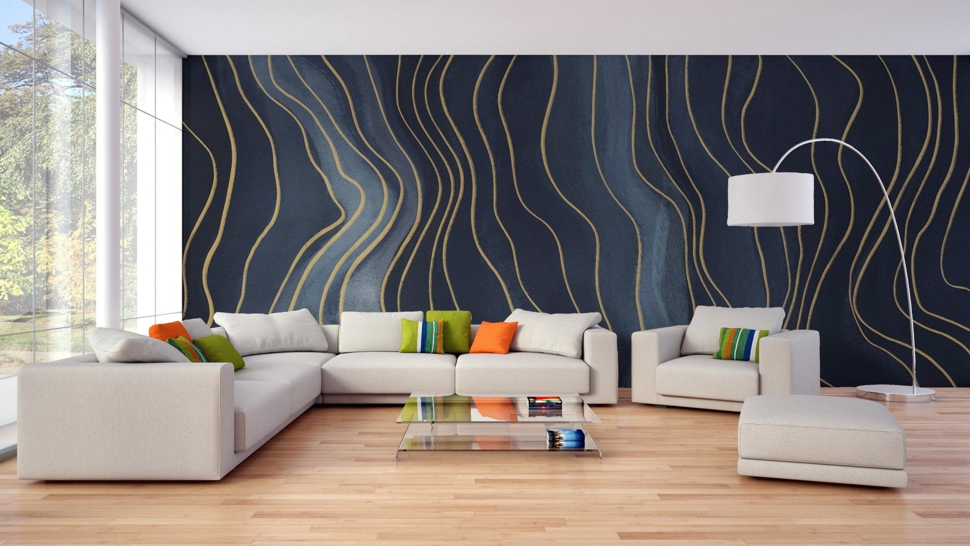 Navy Blue & Gold Chalk Lines Wallpaper Mural
