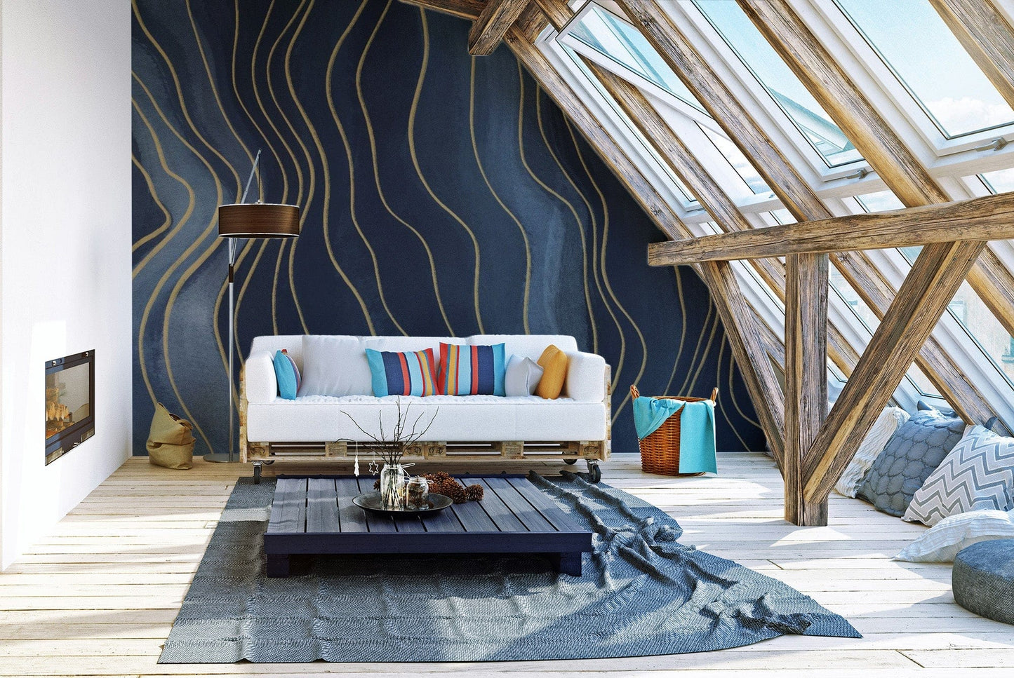 Navy Blue & Gold Chalk Lines Wallpaper Murals - Giffywalls