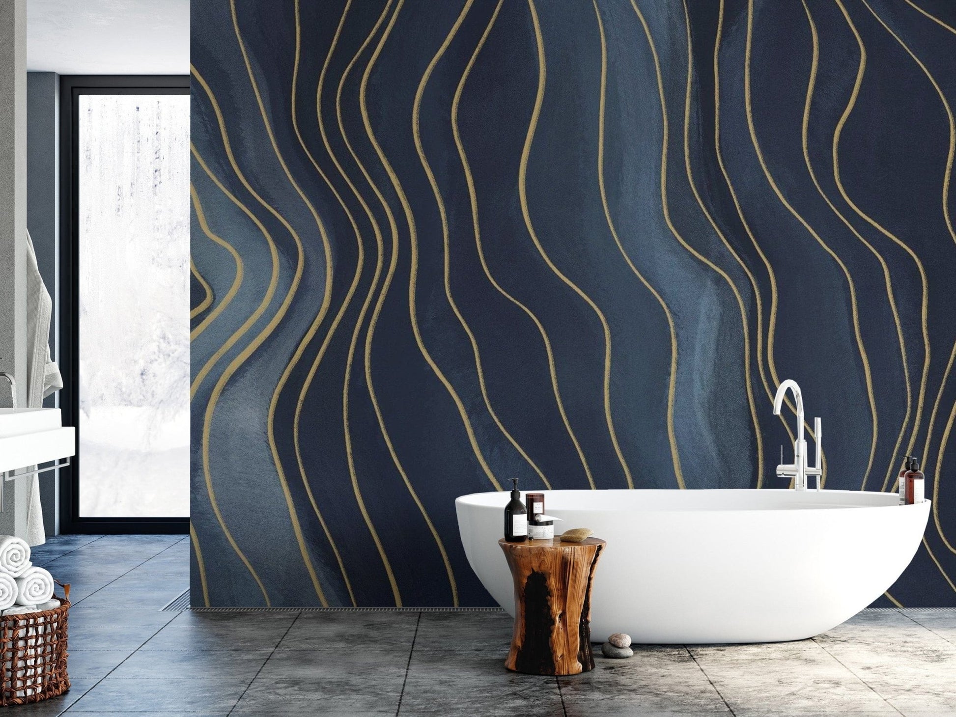 Minimalist Navy Blue and Gold Chalk Wallpaper
