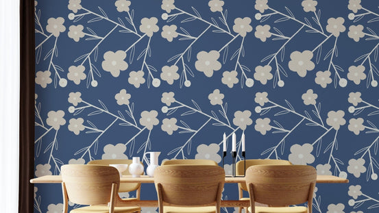 Navy Blue Modern Flower Buds Bush Wallpaper design, SUSCT12