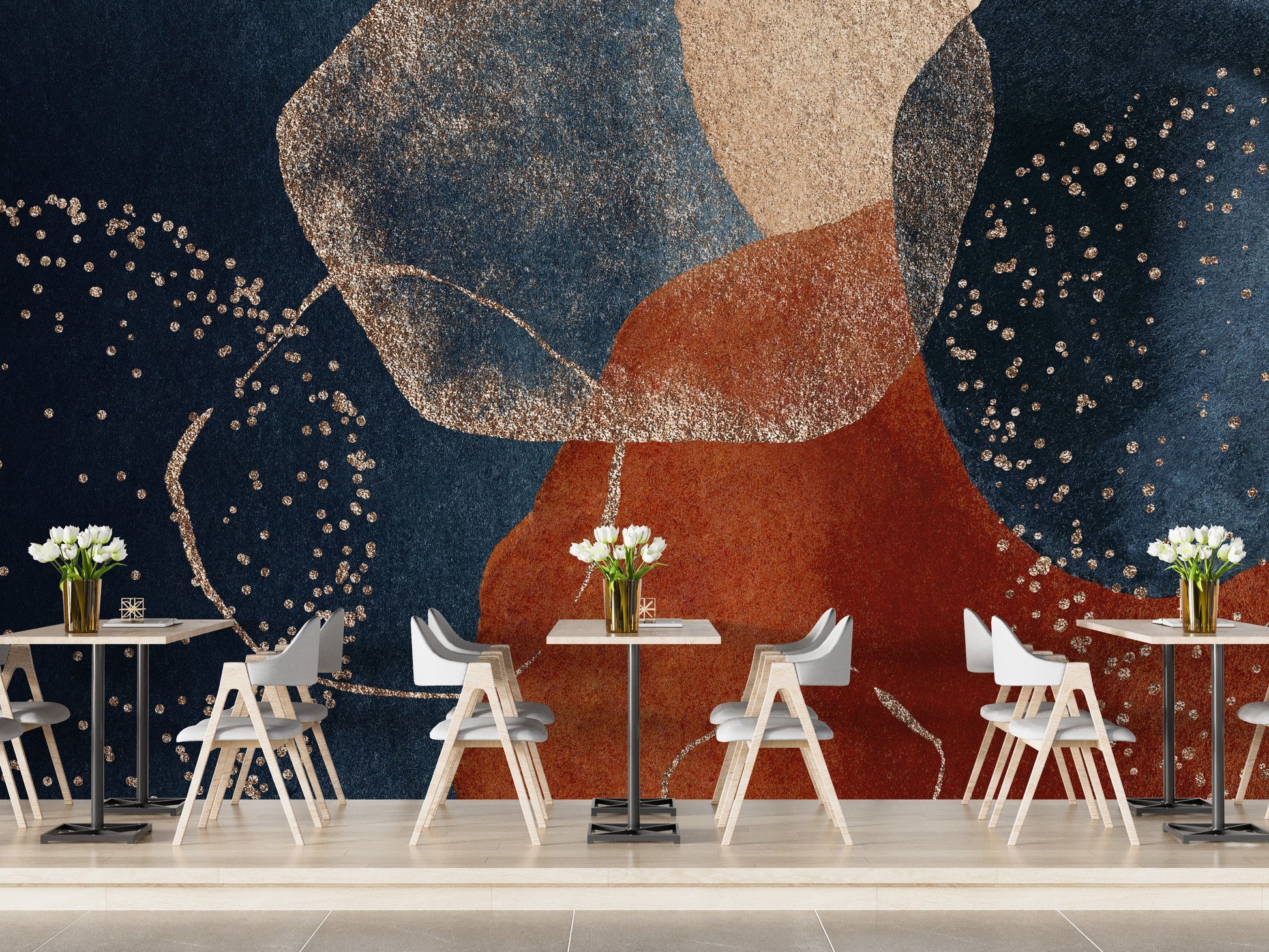 Sophisticated navy blue and terracotta wallpaper mural