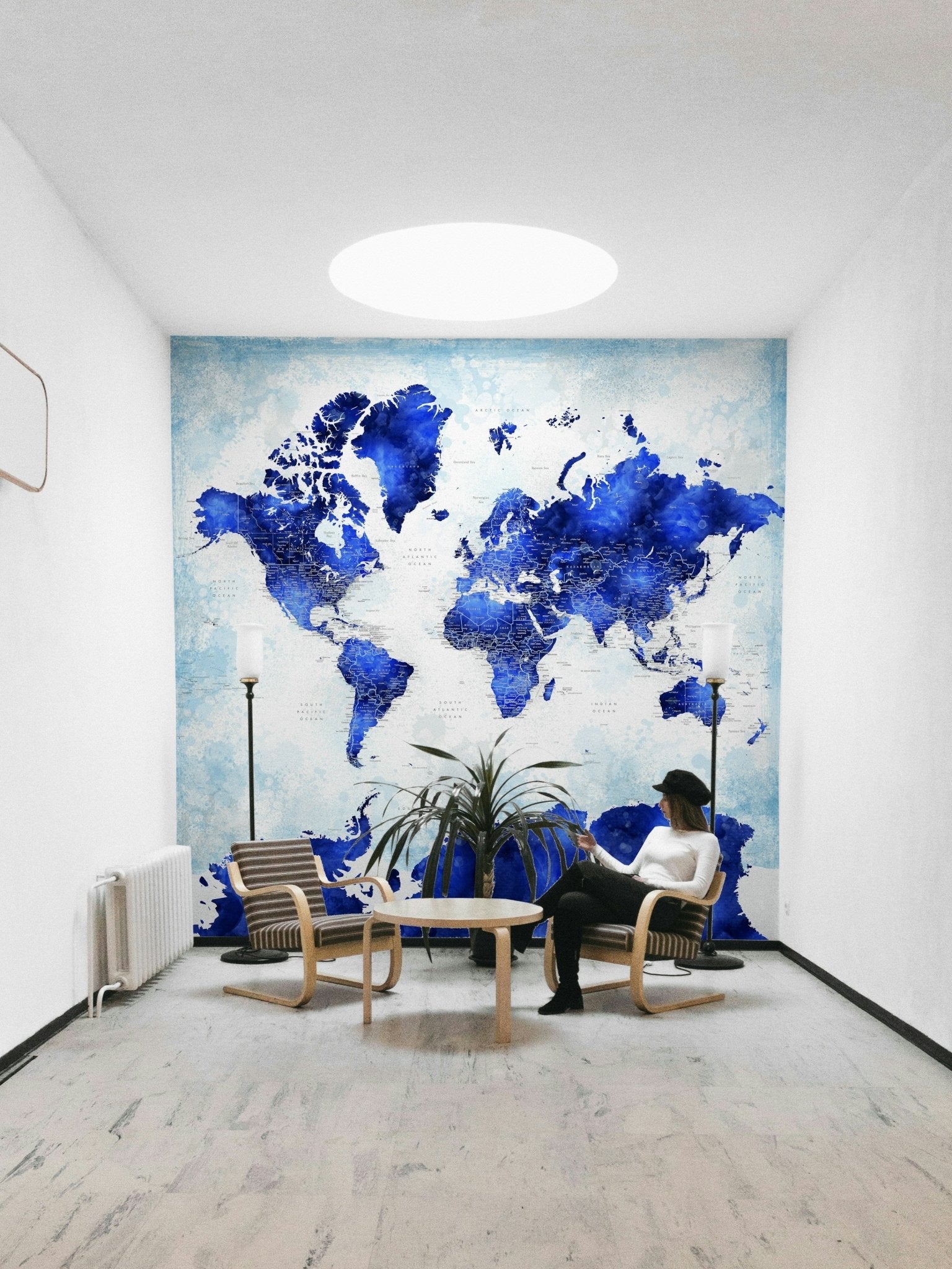 Watercolor navy blue world map decor


