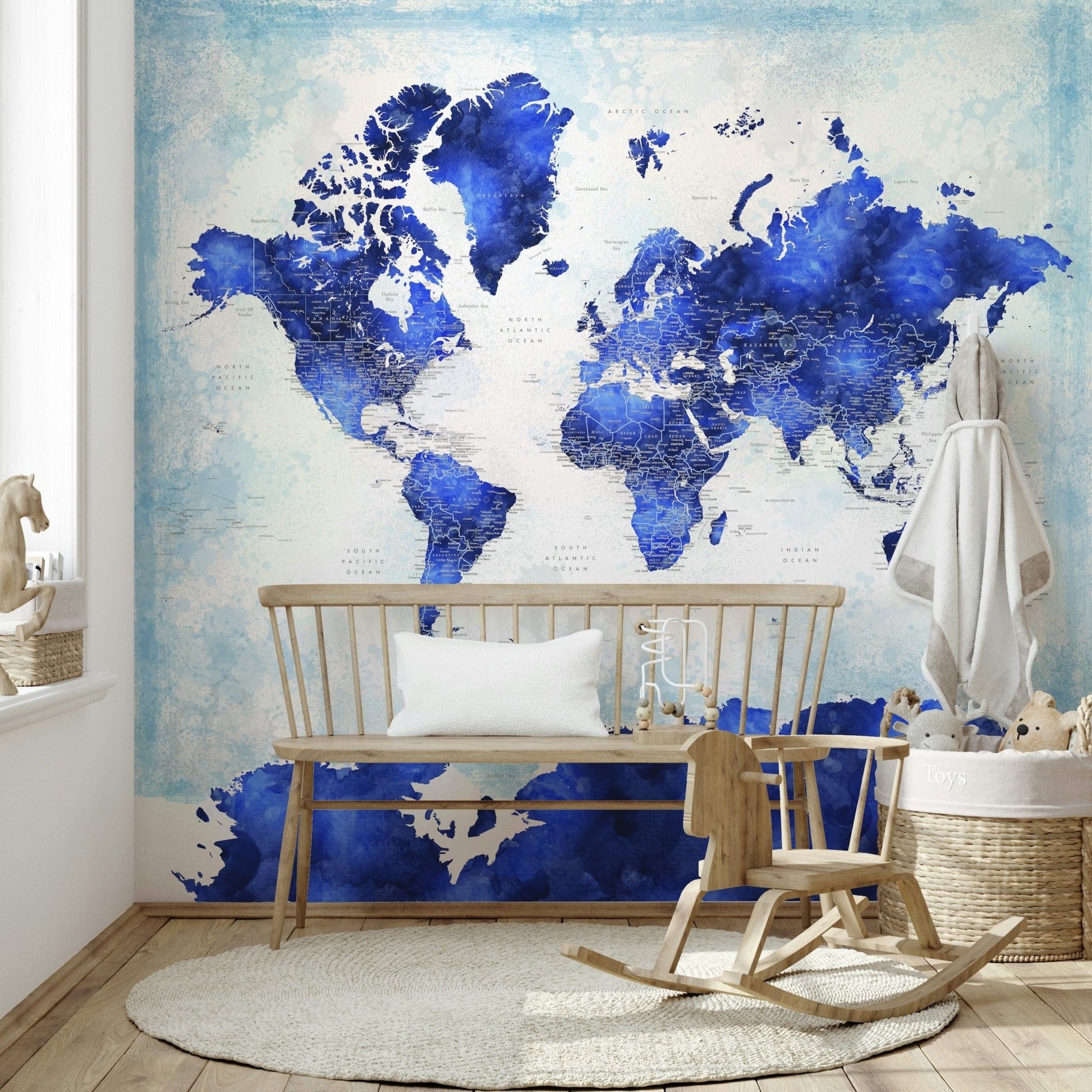 Navy blue artistic world map mural

