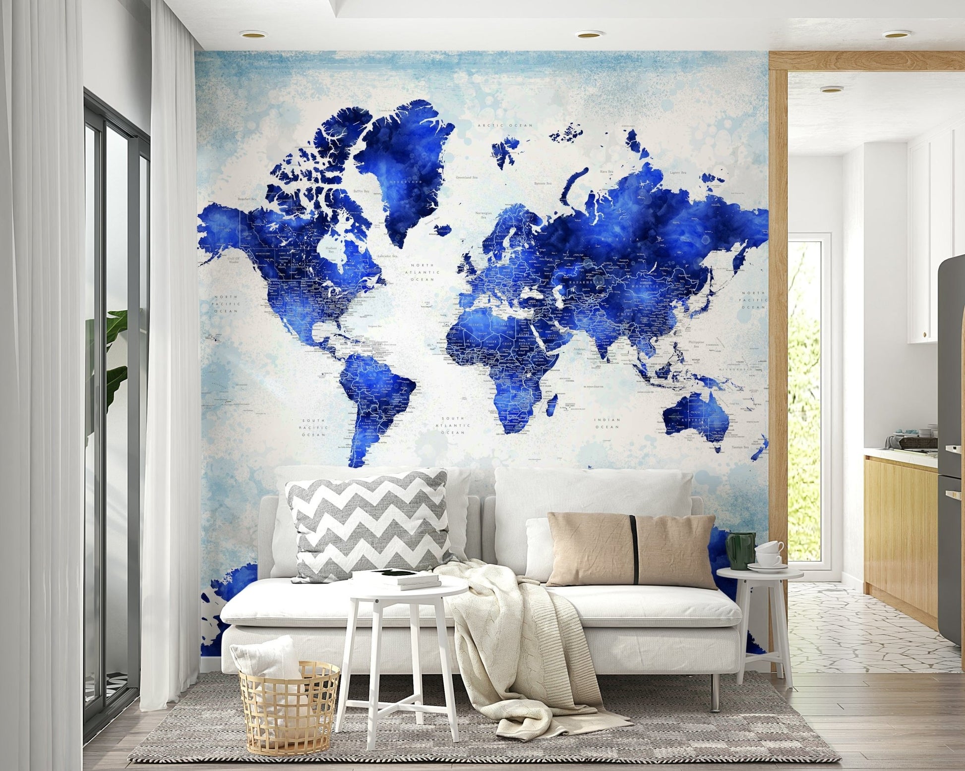 Watercolor world map in navy blue

