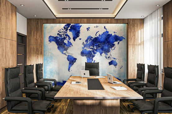 Navy blue watercolor world map wallpaper GD211

