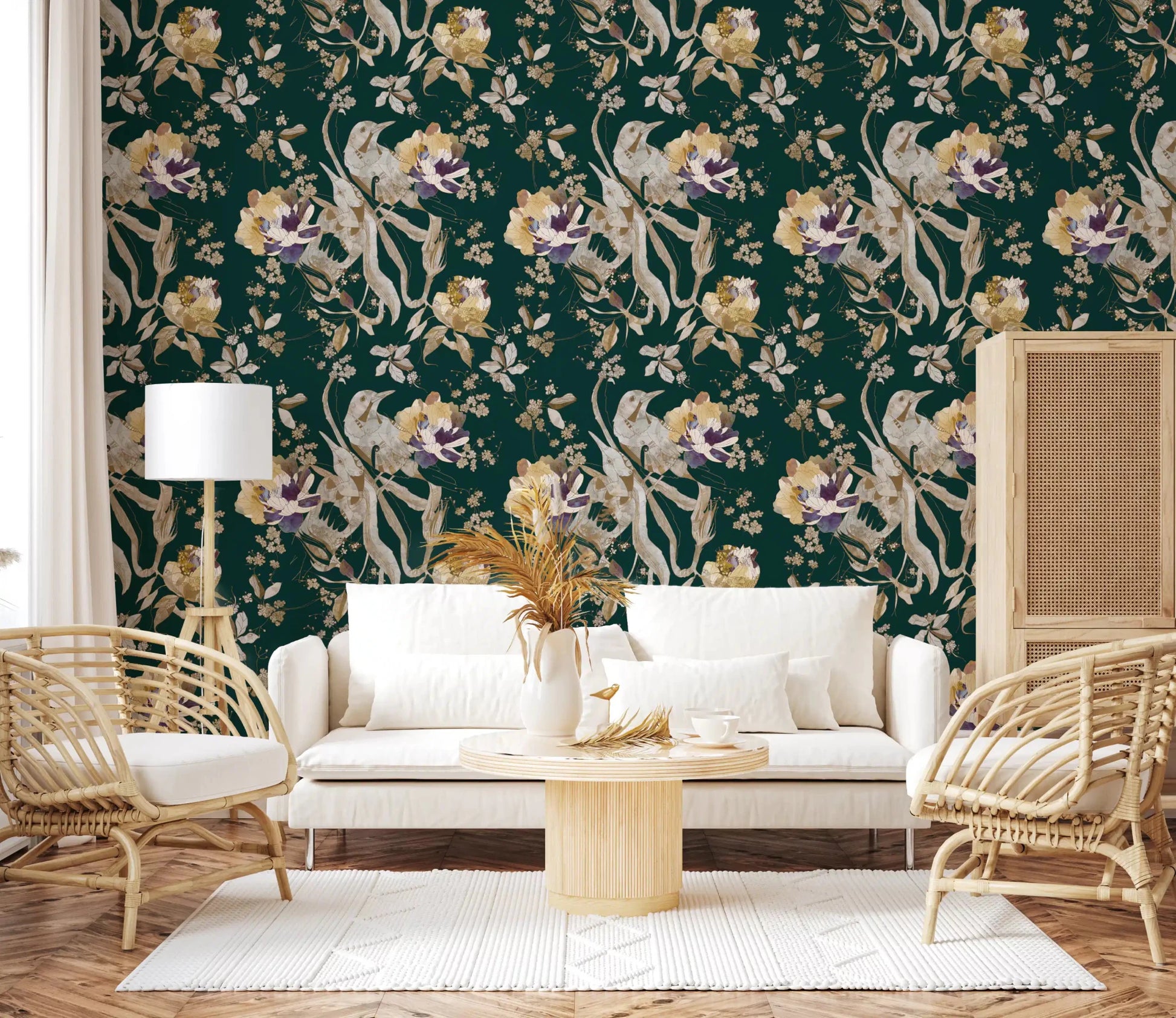 Delicate blooms shape Navy Floral Bird Wallpaper with rich contrast