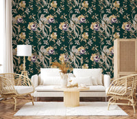 Delicate blooms shape Navy Floral Bird Wallpaper with rich contrast