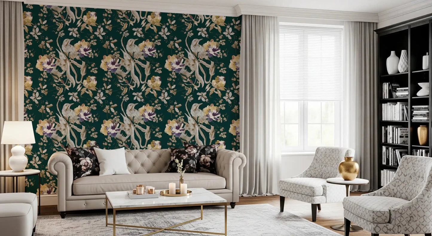 Living room with Navy Floral Bird Wallpaper and layered bloom detail