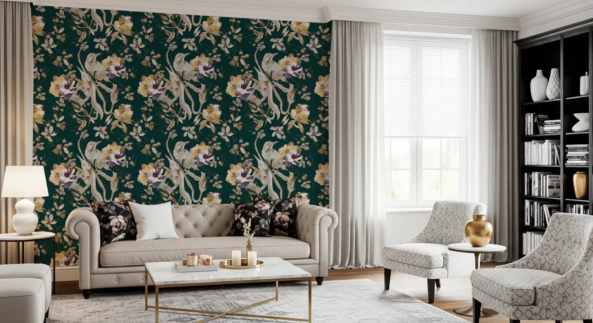 Living room with Navy Floral Bird Wallpaper and layered bloom detail