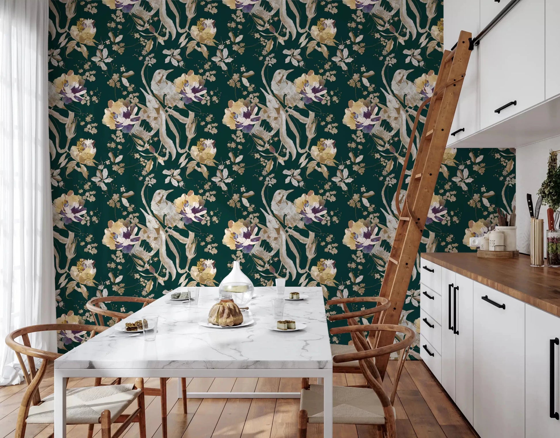 Graceful bird motifs enrich Navy Floral Bird Wallpaper softly