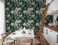 Graceful bird motifs enrich Navy Floral Bird Wallpaper softly