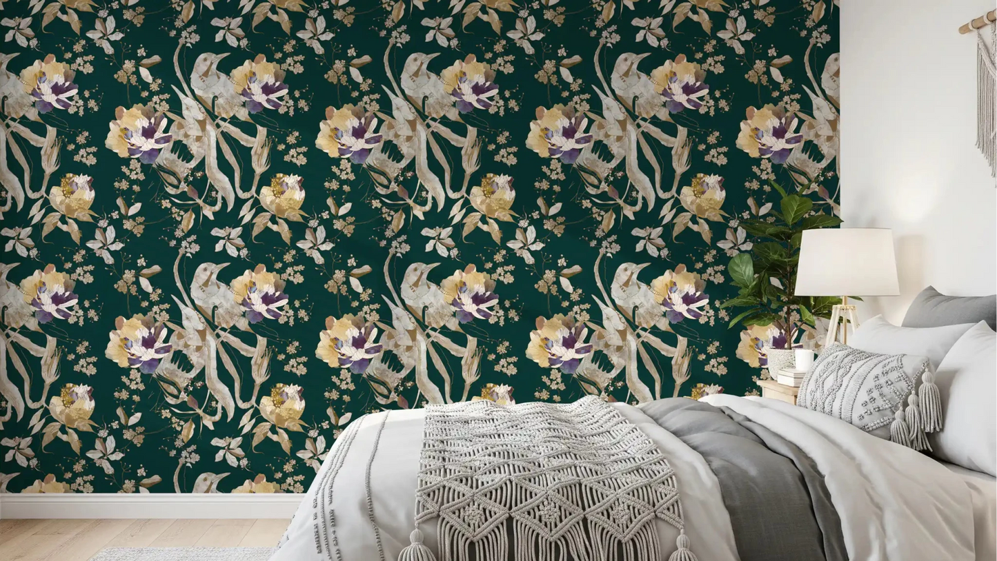 Bedroom styled in Navy Floral Bird Wallpaper with delicate bird motifs