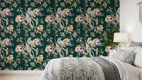 Bedroom styled in Navy Floral Bird Wallpaper with delicate bird motifs