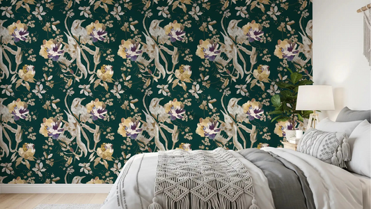 Bedroom styled in Navy Floral Bird Wallpaper with delicate bird motifs