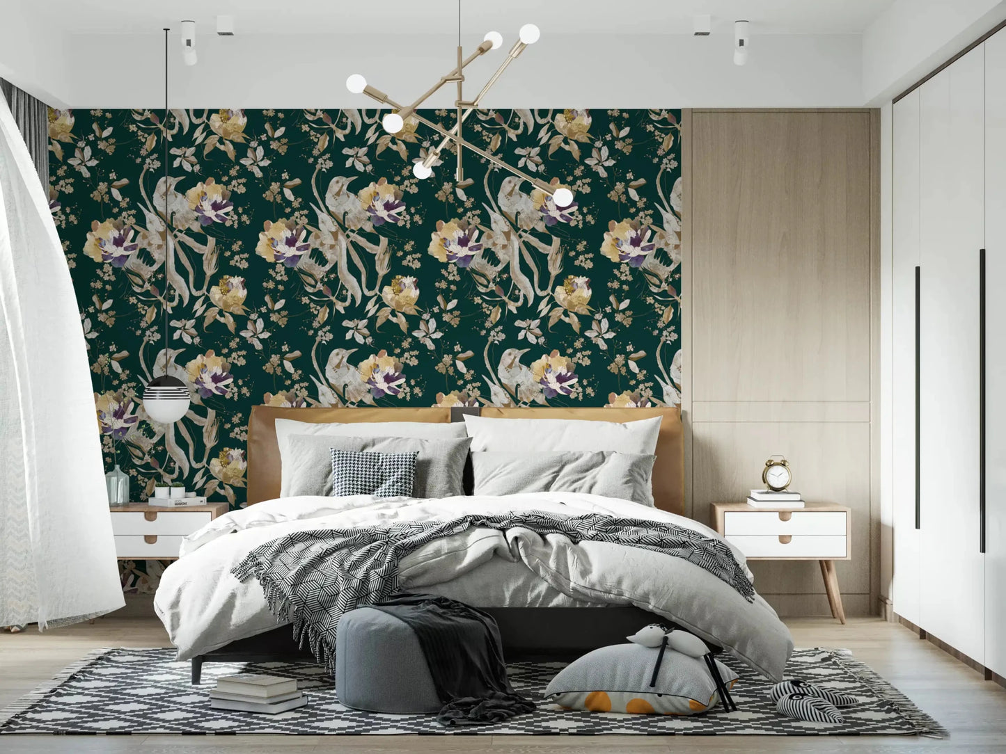 Deep navy tones define Navy Floral Bird Wallpaper beautifully