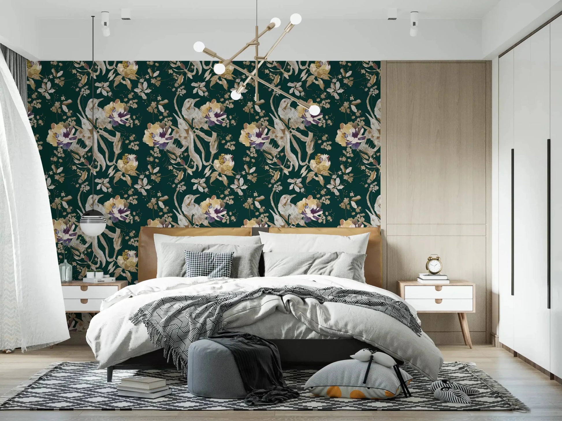 Deep navy tones define Navy Floral Bird Wallpaper beautifully