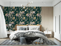 Deep navy tones define Navy Floral Bird Wallpaper beautifully