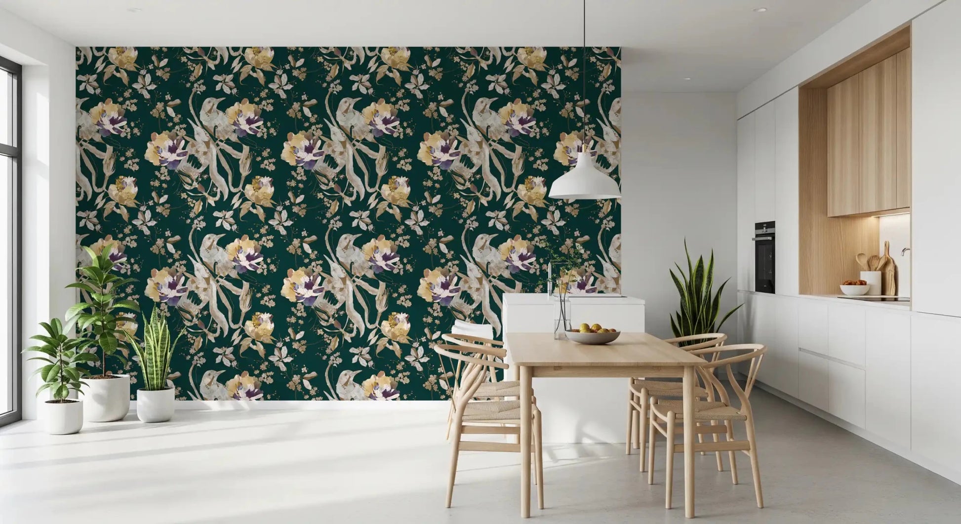 Layered petals stand out in Navy Floral Bird Wallpaper design
