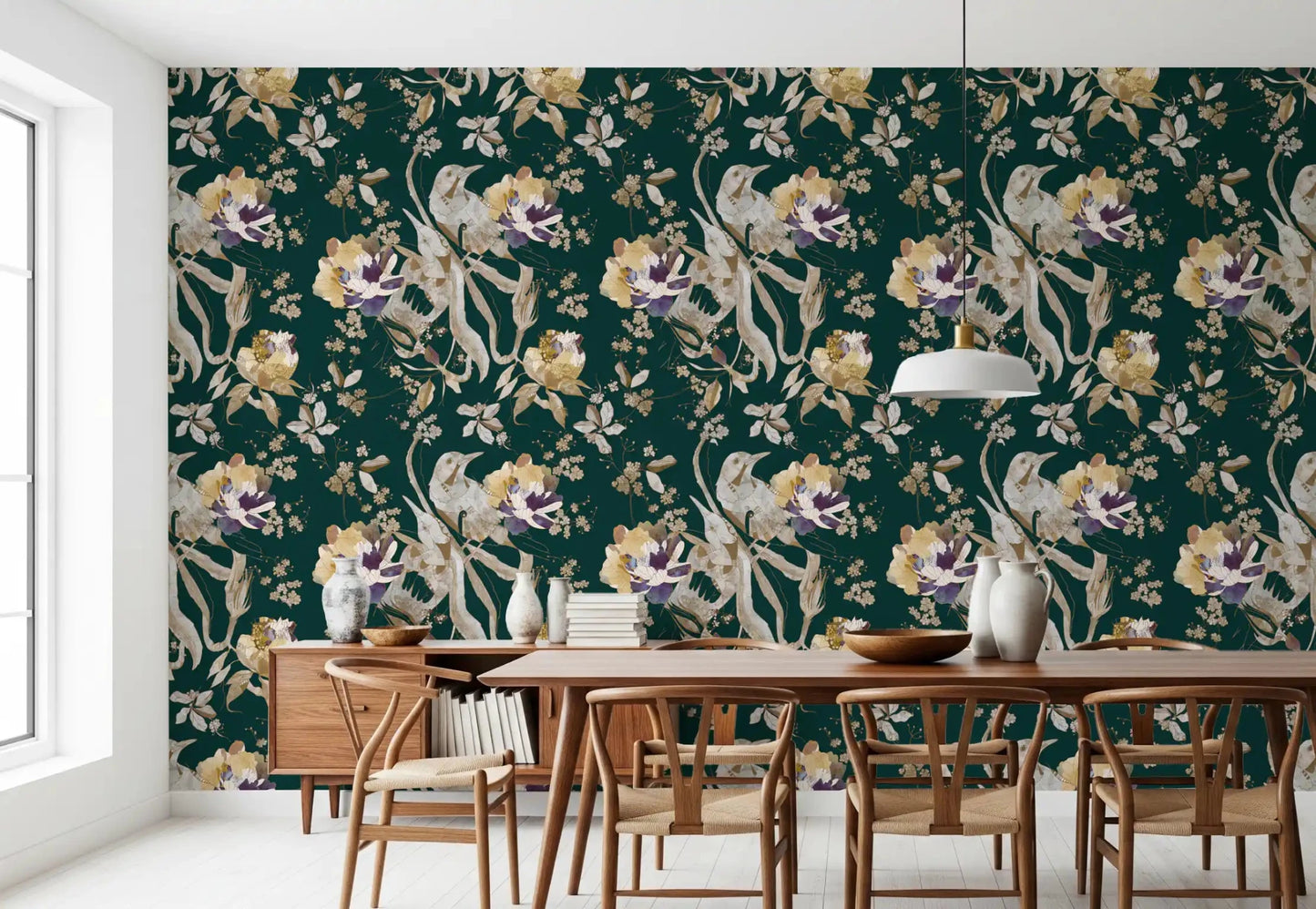 Dark floral styling gives Navy Floral Bird Wallpaper clear depth