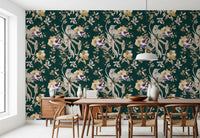 Dark floral styling gives Navy Floral Bird Wallpaper clear depth