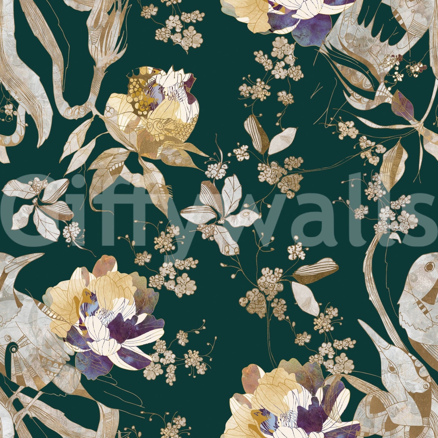 A balanced garden pattern marks Navy Floral Bird Wallpaper clearly